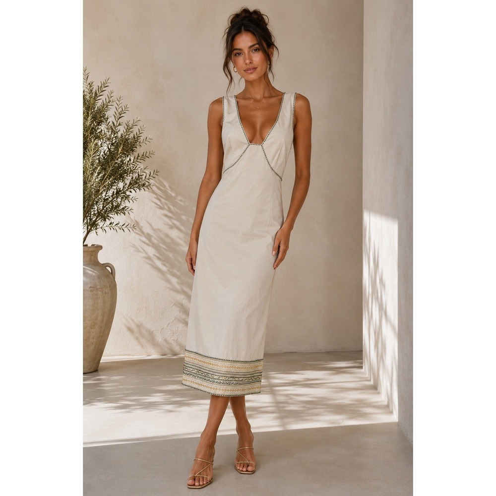 BCBG Max Azria Collection Dress Sz 6 Ivory Beaded Embroidered Midi Y2K